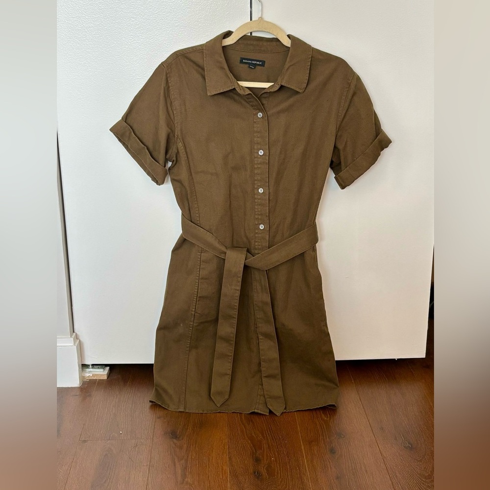 Belted green shirt dress